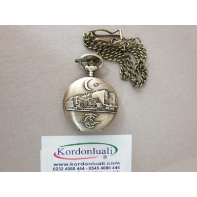 Köstekli Cep Saati Demiryolu Temalı Bronz Köstekli Cep Saati Demiryolu Temalı Bronz